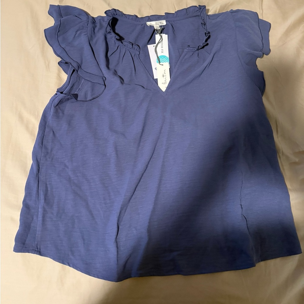 Blue Ruffled Cap Sleeve Bib Collar Blouse